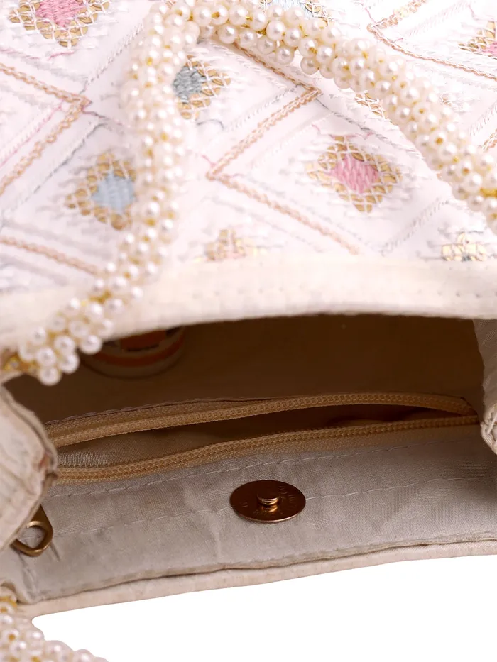 Yellow Chimes Potli Bags Ethnic Pearl Beaded Wristlet 18x8x18 cm White Yellow Chimes Rings