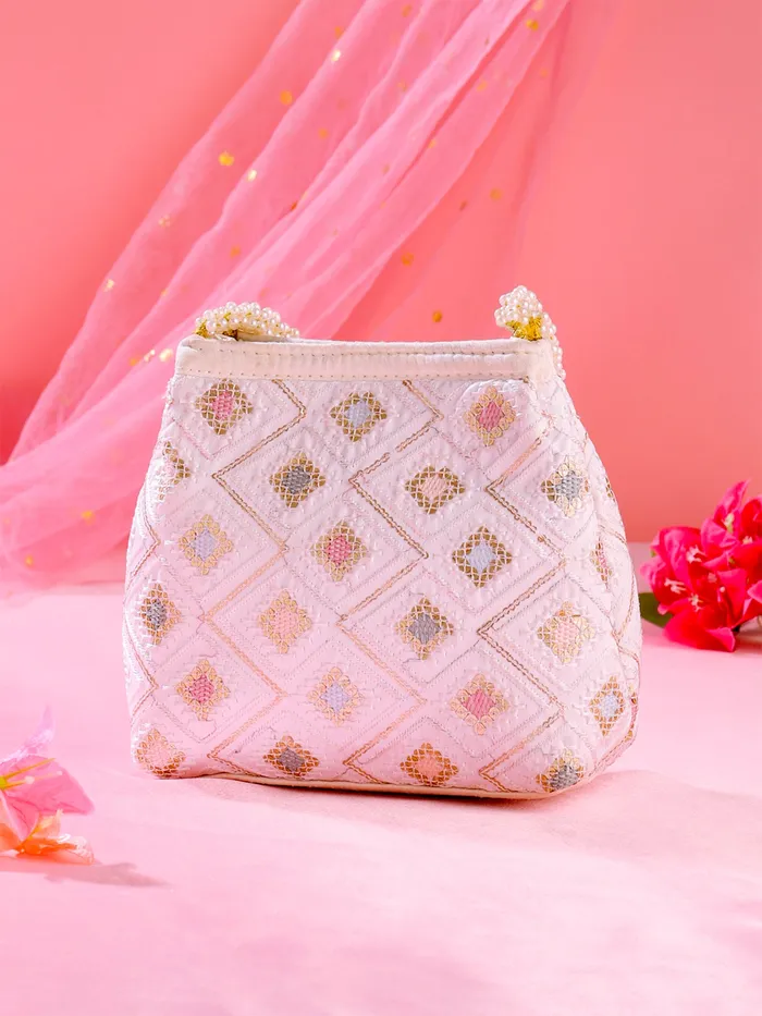 Yellow Chimes Potli Bags Ethnic Pearl Beaded Wristlet 18x8x18 cm White Yellow Chimes Rings