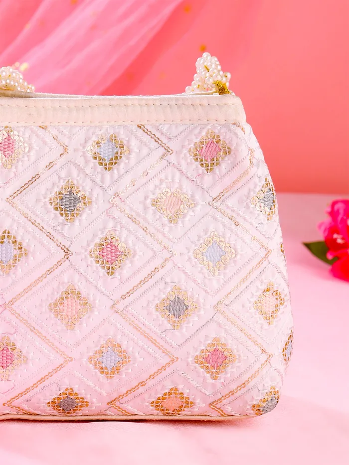 Yellow Chimes Potli Bags Ethnic Pearl Beaded Wristlet 18x8x18 cm White Yellow Chimes Rings