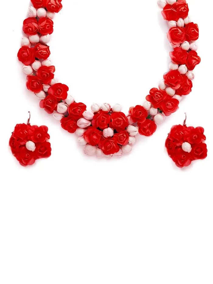 Yellow Chimes Red Flower Jewellery Set for Haldi Baby Shower Mehandi Godbharai Bahubali Paper Aritificial Jewelley Set for Women and Girls Yellow Chimes Bracelets