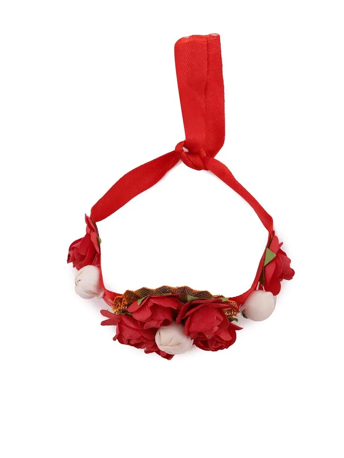 Yellow Chimes Red Flower Jewellery Set for Haldi Baby Shower Mehandi Godbharai Bahubali Paper Aritificial Jewelley Set for Women and Girls Yellow Chimes Bracelets