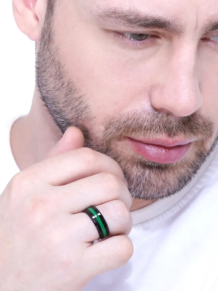 Yellow Chimes Rings for Men 2 Pcs Combo Rings Stainless Steel Rings Black Toned Grooved Center Band Rings for Men and Boys Yellow Chimes Necklaces