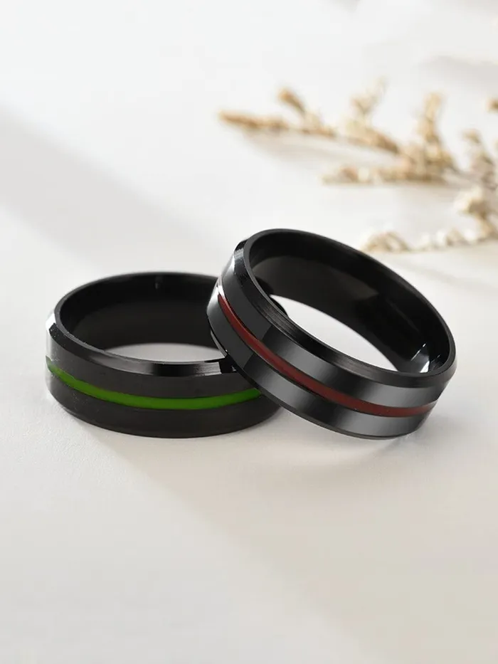 Yellow Chimes Rings for Men 2 Pcs Combo Rings Stainless Steel Rings Black Toned Grooved Center Band Rings for Men and Boys Yellow Chimes Necklaces