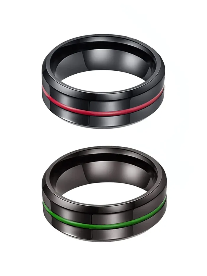 Yellow Chimes Rings for Men 2 Pcs Combo Rings Stainless Steel Rings Black Toned Grooved Center Band Rings for Men and Boys Yellow Chimes Necklaces