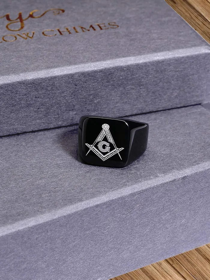 Yellow Chimes Rings for Men Rock Cool Casual Ring AG Masonic Logo Religious Freemason Symbol Black Titanium Steel Ring for Men Boys 10 Yellow Chimes Earrings