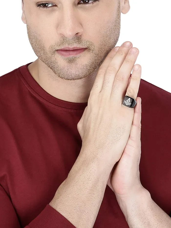 Yellow Chimes Rings for Men Rock Cool Casual Ring AG Masonic Logo Religious Freemason Symbol Black Titanium Steel Ring for Men Boys 10 Yellow Chimes Earrings
