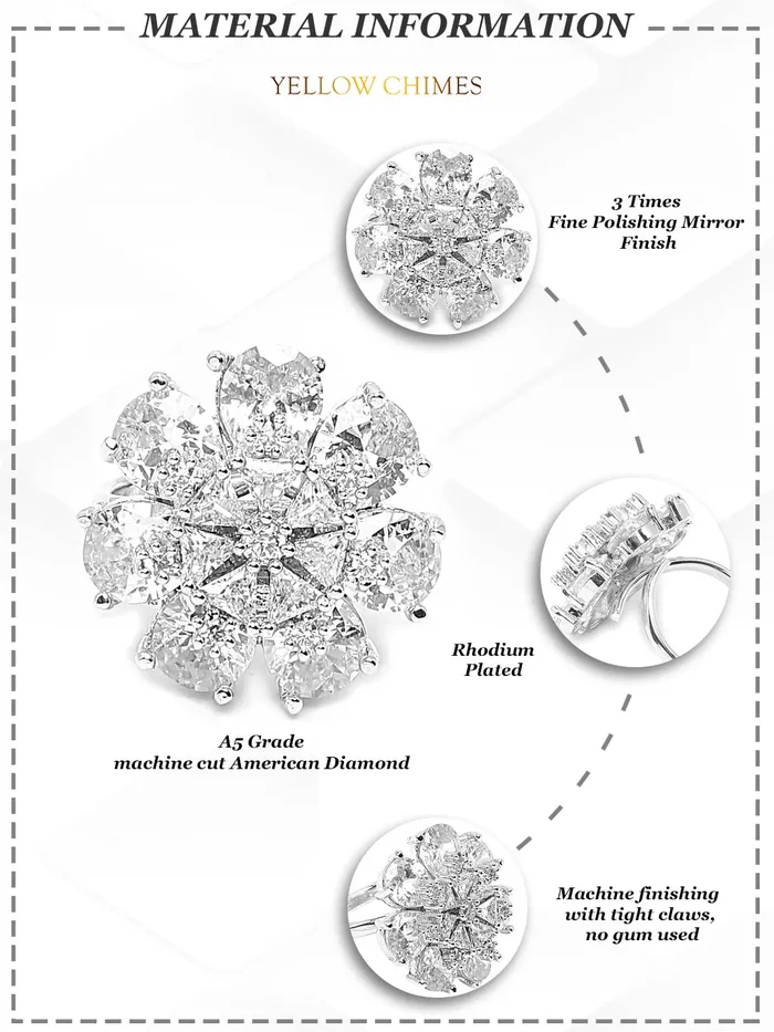 Yellow Chimes Rings for Women American Diamond Ring RhodiumPlated White ADStudded Floral Finger Ring For Women and Girls Yellow Chimes Earrings