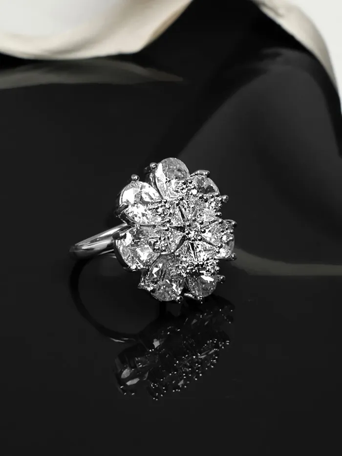 Yellow Chimes Rings for Women American Diamond Ring RhodiumPlated White ADStudded Floral Finger Ring For Women and Girls Yellow Chimes Earrings