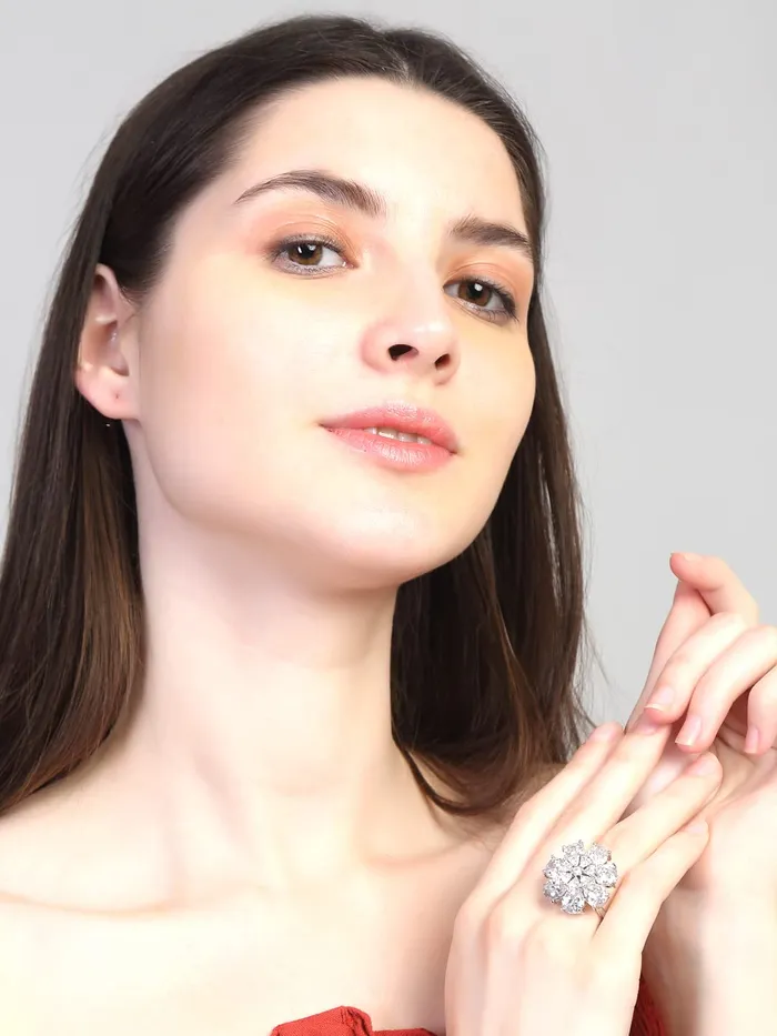 Yellow Chimes Rings for Women American Diamond Ring RhodiumPlated White ADStudded Floral Finger Ring For Women and Girls Yellow Chimes Earrings