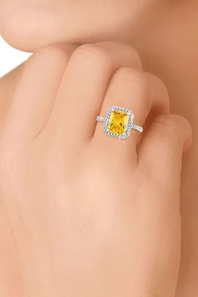 Yellow Chimes Rings for Women Elegant Sparkling White Yellow Crystal Stoned Square Shaped Silver toned Rings for Women and Girls Yellow Chimes Necklaces