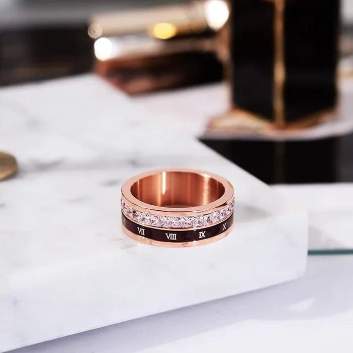 Yellow Chimes Rings for Women Rose gold plated Cubic Zirconia Adult Metal Stainless Steel Numberic Designed Ring for Women and GirlsSize US 8 Yellow Chimes Rings