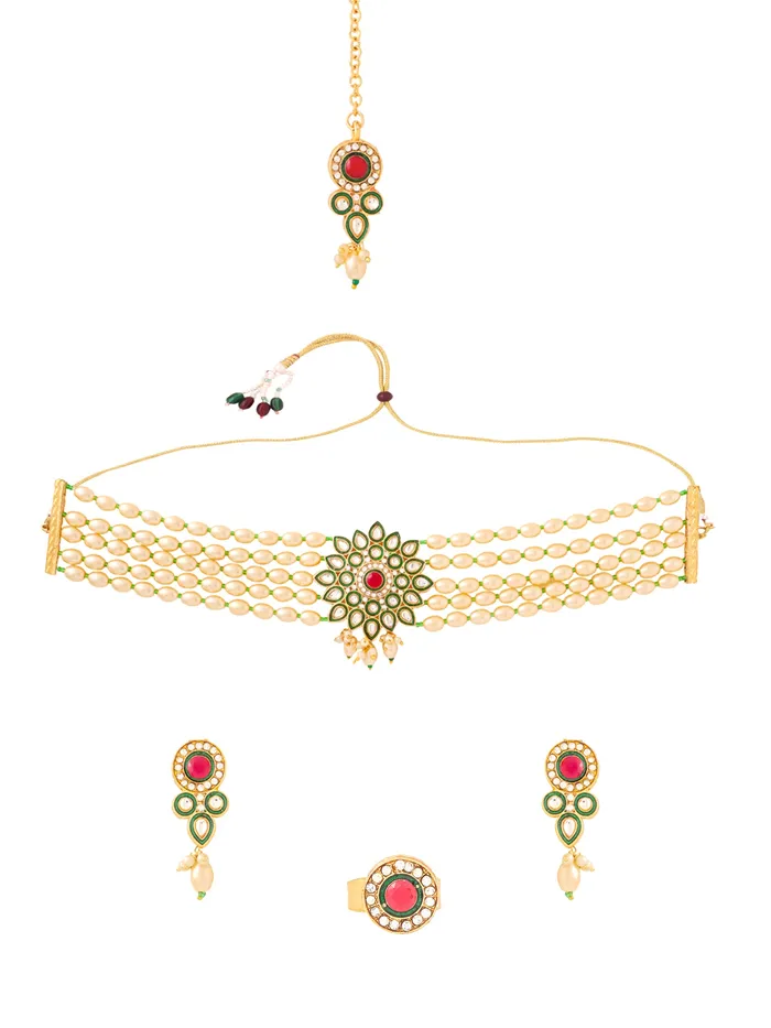 Yellow Chimes Rings Gold Plated Pearl Jewellery Set Traditional Choker Set with Earrings Maangtika Elegant Design Yellow Chimes Rings Gold Plated Pearl Jewellery Set Traditional Choker Set with Earrings Maangtika Elegant Design
