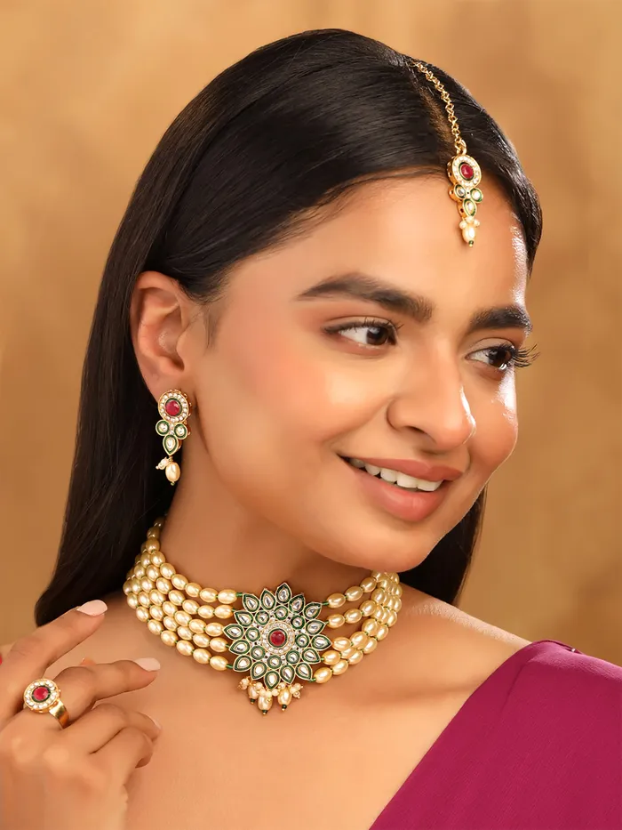 Yellow Chimes Rings Gold Plated Pearl Jewellery Set Traditional Choker Set with Earrings Maangtika Elegant Design