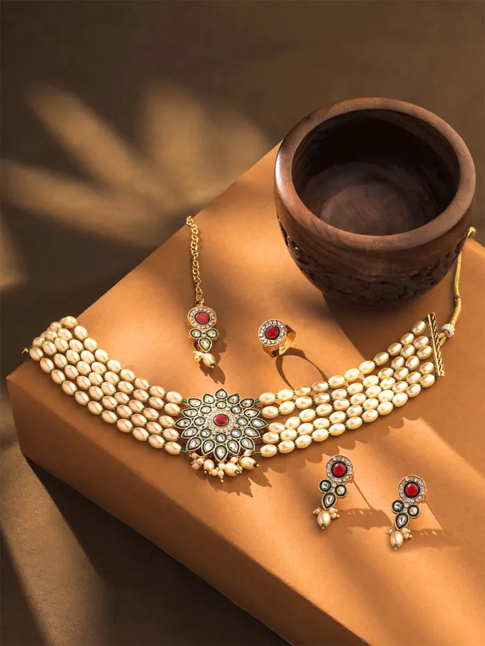 Yellow Chimes Rings Gold Plated Pearl Jewellery Set Traditional Choker Set with Earrings Maangtika Elegant Design