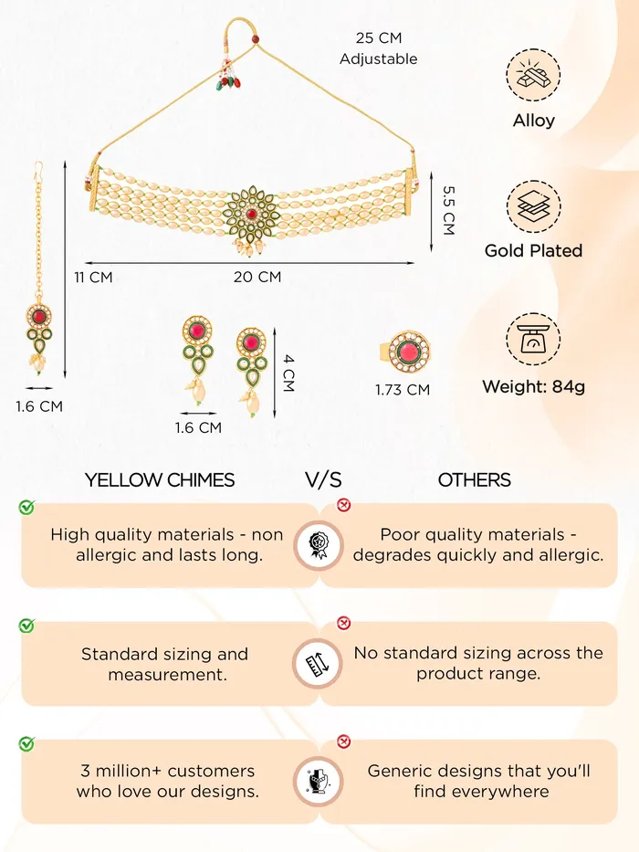 Yellow Chimes Rings Gold Plated Pearl Jewellery Set Traditional Choker Set with Earrings Maangtika Elegant Design