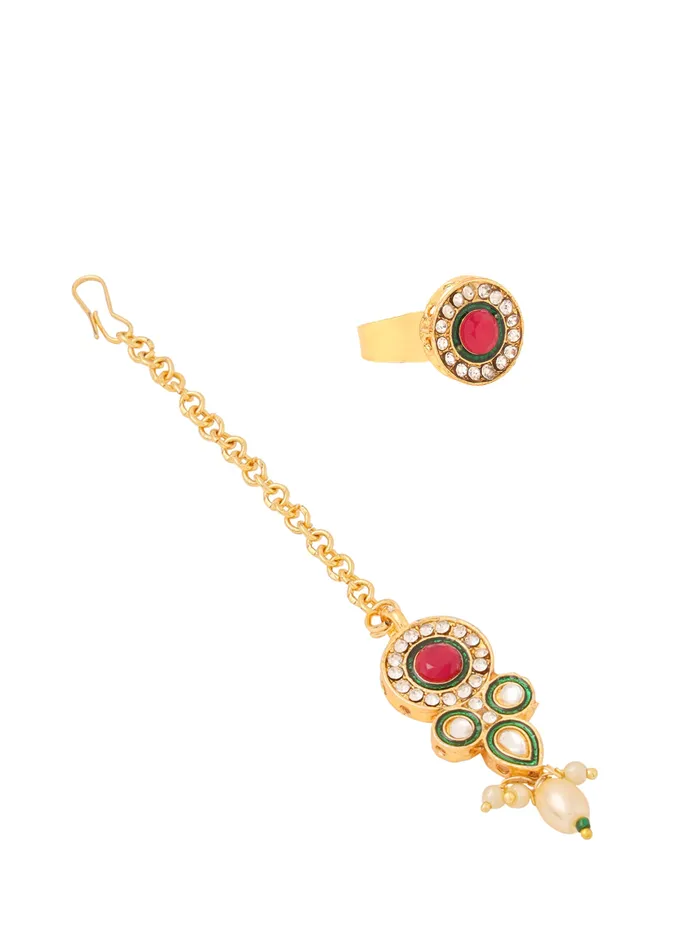 Yellow Chimes Rings Gold Plated Pearl Jewellery Set Traditional Choker Set with Earrings Maangtika Elegant Design