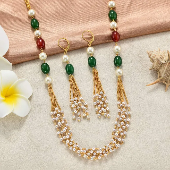 Yellow Chimes Rings Yellow Chimes Ganthan Moti Multilayer Beads Gold Plated Traditional Long Necklace Set with Earrings Jewellery Set for Women and Girls