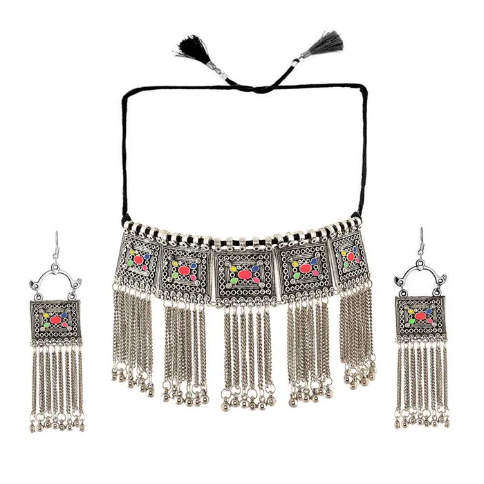 Yellow Chimes Rings Yellow Chimes German Silver Oxidised Afghani Style Meenakari Touch Hanging Long Chains Threads Choker Necklace Set with Earrings Jewellery Set for Women Girls Black Yellow Chimes Rings Yellow Chimes German Silver Oxidised Afghani Style Meenakari Touch Hanging Long Chains Threads Choker Necklace Set with Earrings Jewellery Set for Women Girls Black