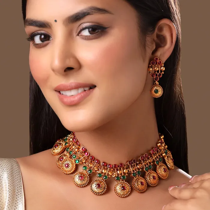 Yellow Chimes Rings Yellow Chimes Jewellery Set for Women and Girls Kundan Necklace Set Gold Plated Blue Beads Studded Kundan Choker Necklace Set Birthday Gift for girls and women Anniversary Gift for Wife