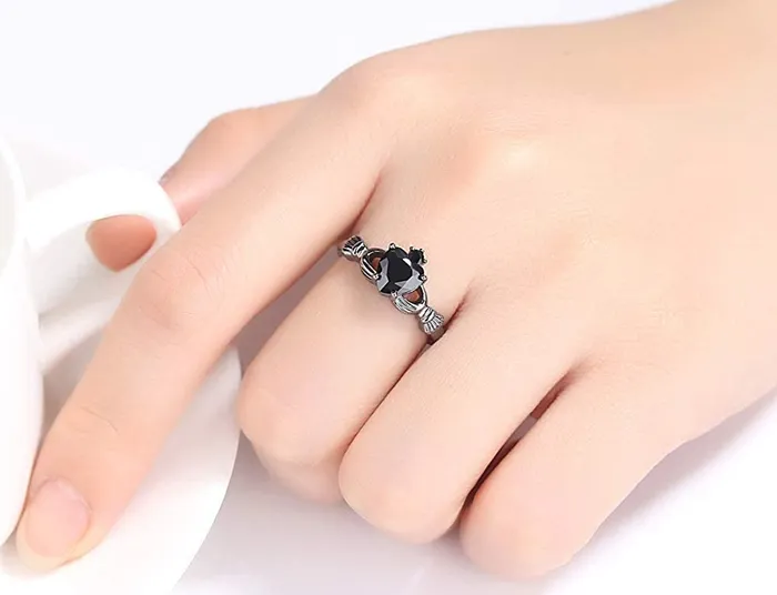 Yellow Chimes Rings Yellow Chimes Rings for Women Elegant Black Gun Plating Crystal Black Stoned Cut Heart Ring for Women Girls Size US 6