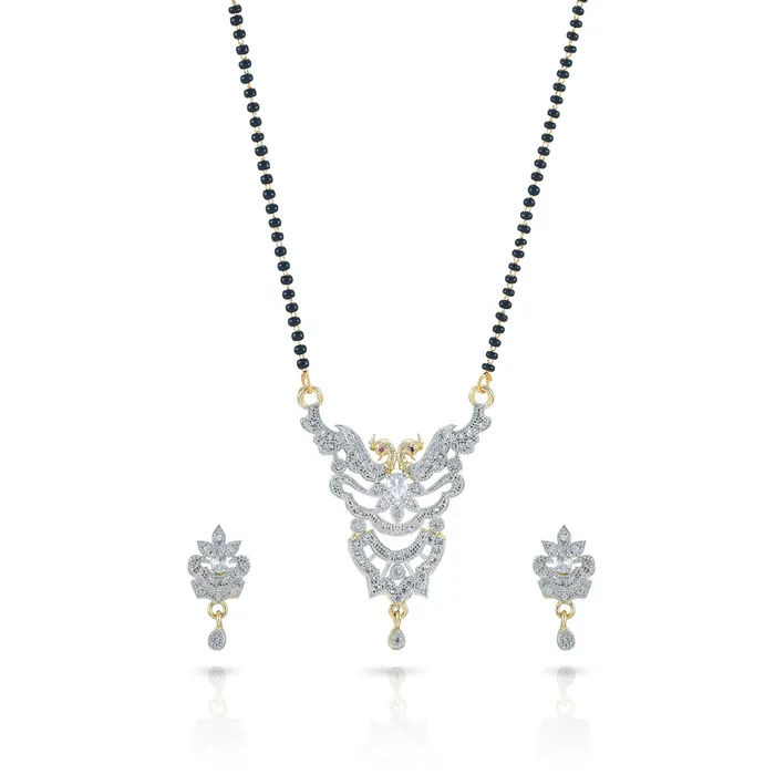 Yellow Chimes Sparkling ADAmerican Diamond Studded Ethnic Traditional Black Beads Designer Peacock Mangalsutra Pendant Set with Earrings for Women Yellow Chimes Necklaces