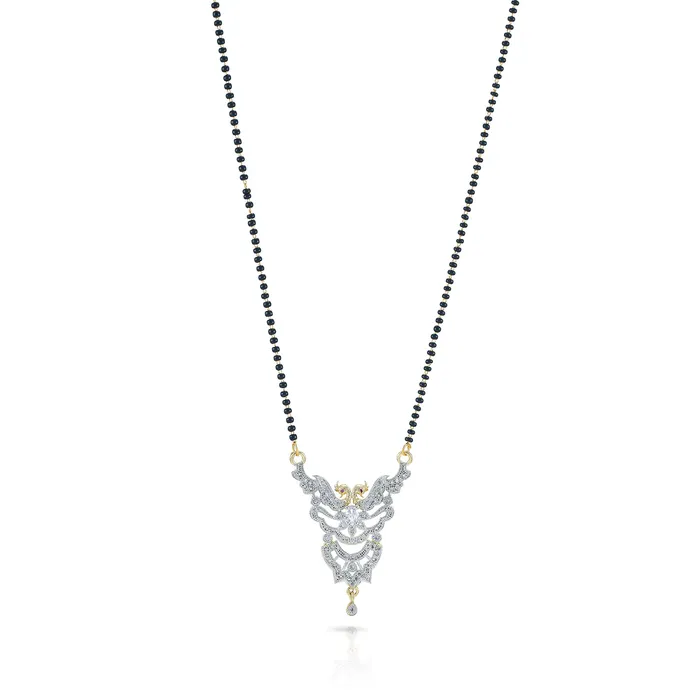 Yellow Chimes Sparkling ADAmerican Diamond Studded Ethnic Traditional Black Beads Designer Peacock Mangalsutra Pendant Set with Earrings for Women Yellow Chimes Necklaces