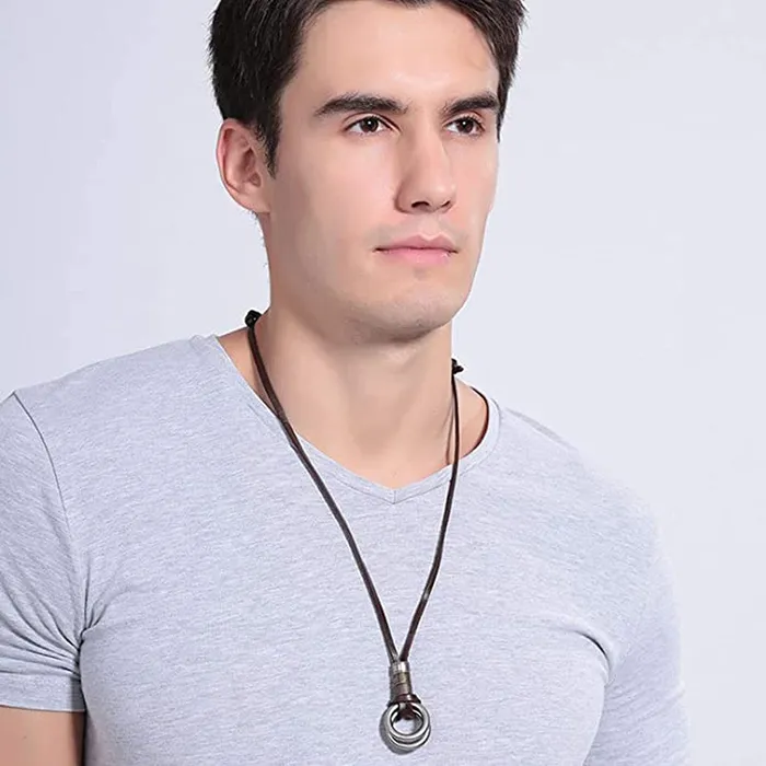 Yellow Chimes Stainless Steel Silver Circle Locket with Brown Leather Rope Pendant for Menand Boys Yellow Chimes Bracelets