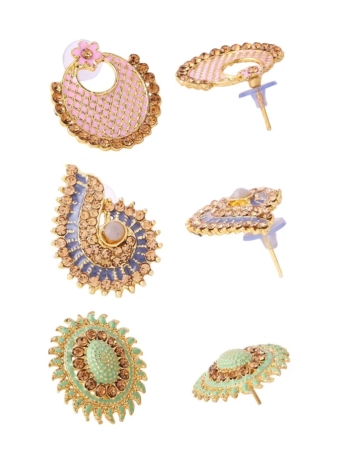 Yellow Chimes Stud Earrings for Women Set of 3 Pairs GoldPlated Studded Stone Multicolor Stud Earrings For Women and Girls Yellow Chimes Earrings