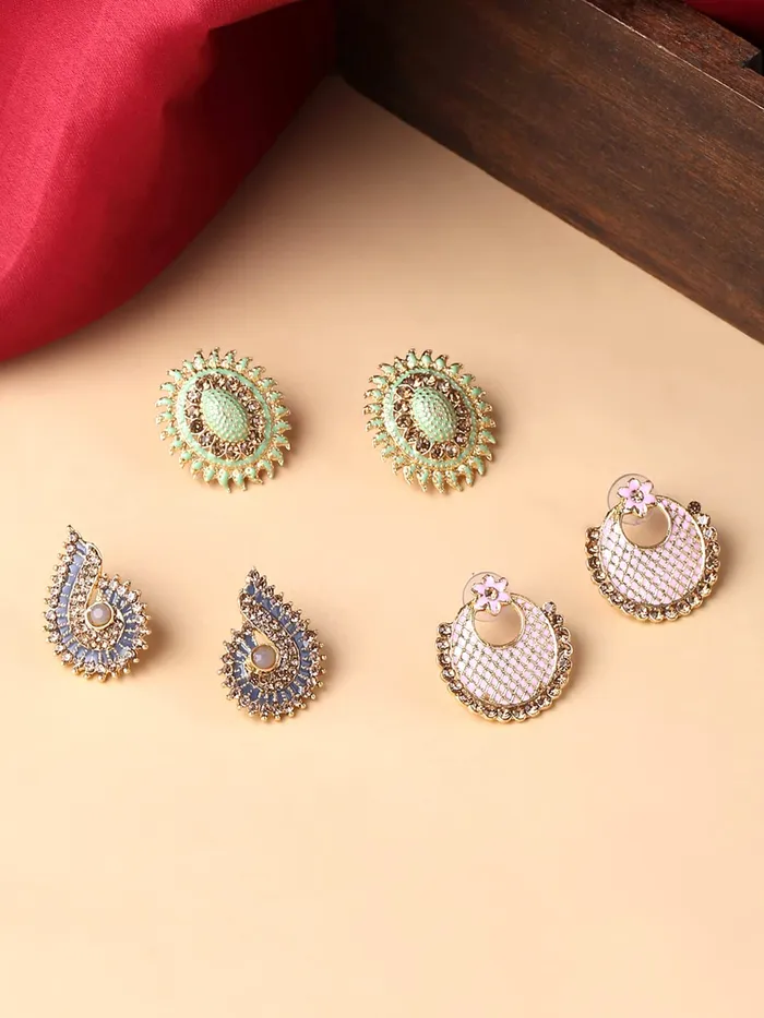 Yellow Chimes Stud Earrings for Women Set of 3 Pairs GoldPlated Studded Stone Multicolor Stud Earrings For Women and Girls Yellow Chimes Earrings