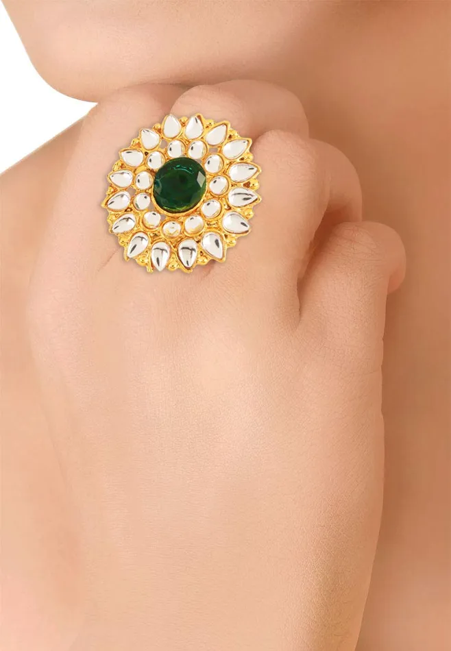 Yellow Chimes Traditional Ethnic Kundan Studded Gold Plated Cocktail Wedding Kundan Rings for Women Girls Yellow Chimes Earrings