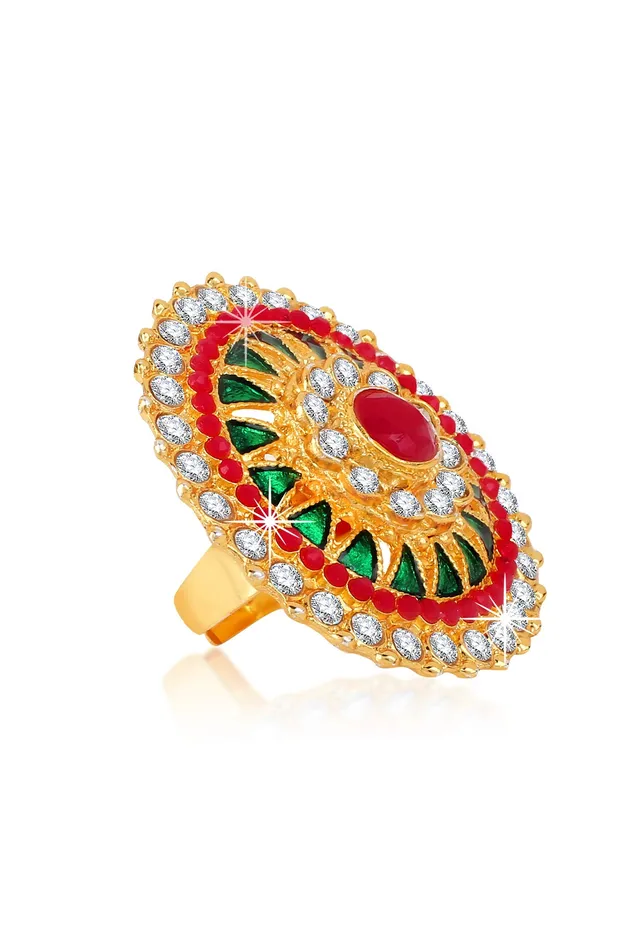Yellow Chimes Womens Traditional Cocktail Adjustable Stone Gold Plated Stone Studded Big Floral Shaped Finger Ring Pink and Gold Yellow Chimes Necklaces