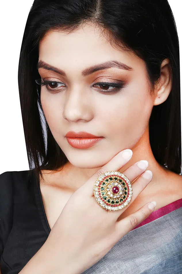 Yellow Chimes Womens Traditional Cocktail Adjustable Stone Gold Plated Stone Studded Big Floral Shaped Finger Ring Pink and Gold Yellow Chimes Necklaces
