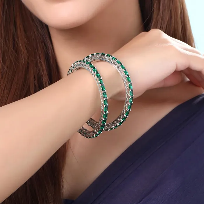 Yellow Chimes Yellow Chimes Bangles for Women and Girls American Diamond Bangles for women Silver Tone Green AD Studded Bangles for girls Birthday Gift For girls and women Anniversary Gift for Wife Necklaces
