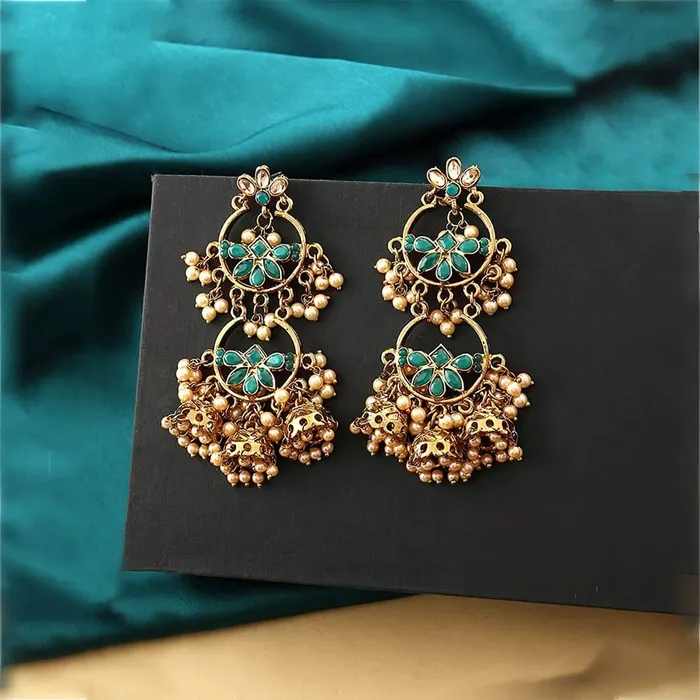 Yellow Chimes Yellow Chimes Chandbali Earrings for Women Gold Plated Traditional Earrings Green Kundan Studded Long Chand bali Earrings for Women and Girls Earrings