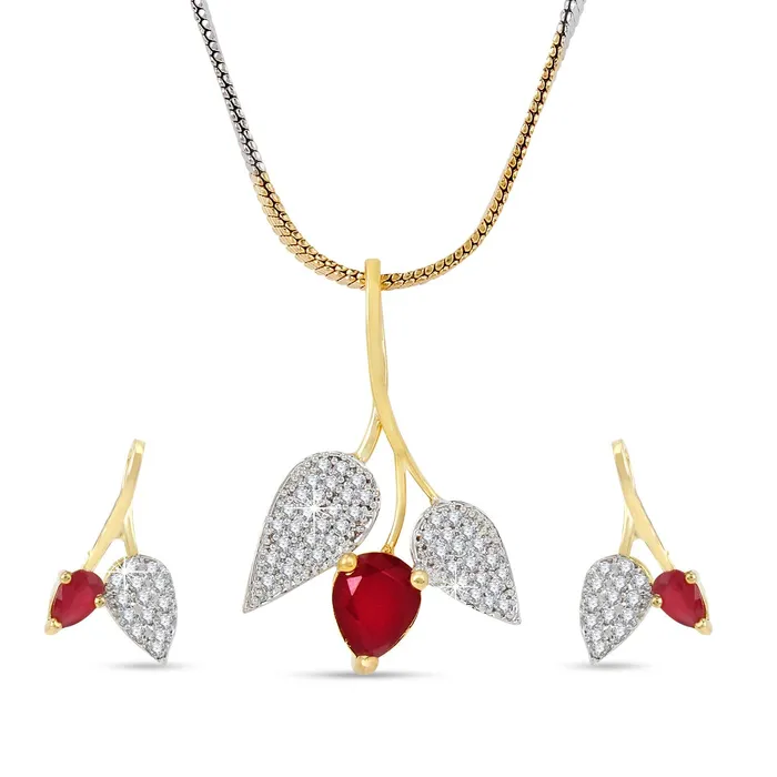 Yellow Chimes Yellow Chimes Classic Pink ADAmerican Diamond Studded 18K Gold Plated Designer Leafy Pendant Set with Earrings for Women Girls Earrings Yellow Chimes Yellow Chimes Classic Pink ADAmerican Diamond Studded 18K Gold Plated Designer Leafy Pendant Set with Earrings for Women Girls Earrings