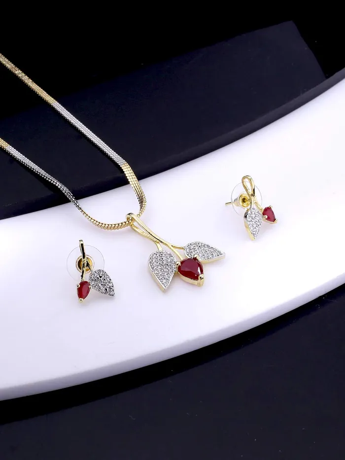 Yellow Chimes Yellow Chimes Classic Pink ADAmerican Diamond Studded 18K Gold Plated Designer Leafy Pendant Set with Earrings for Women Girls Earrings