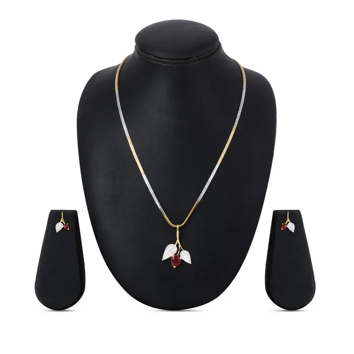 Yellow Chimes Yellow Chimes Classic Pink ADAmerican Diamond Studded 18K Gold Plated Designer Leafy Pendant Set with Earrings for Women Girls Earrings