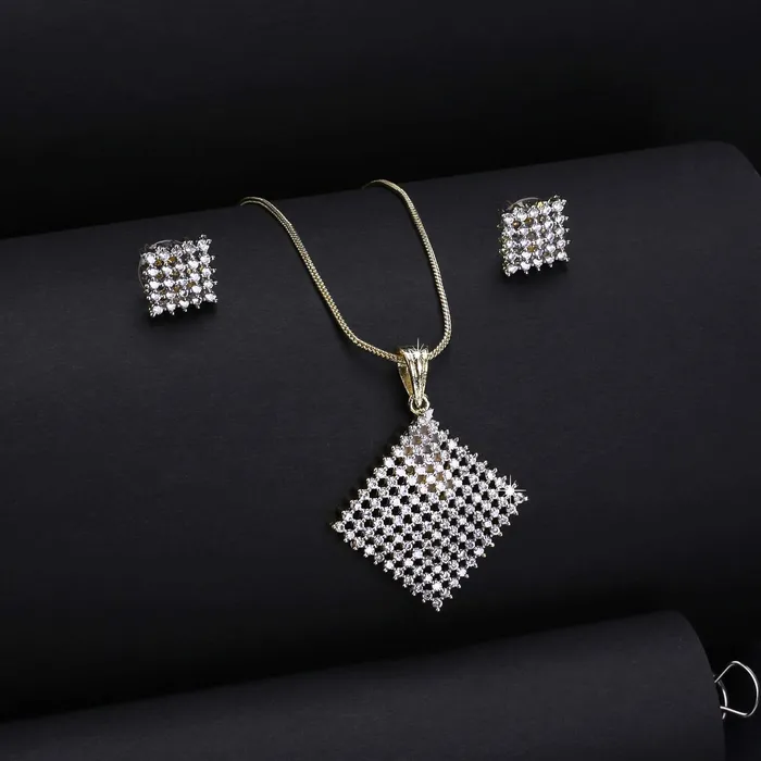 Yellow Chimes Yellow Chimes Elegant White ADAmerican Diamond Studded Gold Plated Designer Square Charm Pendant Set with Earrings for Women Girls Earrings