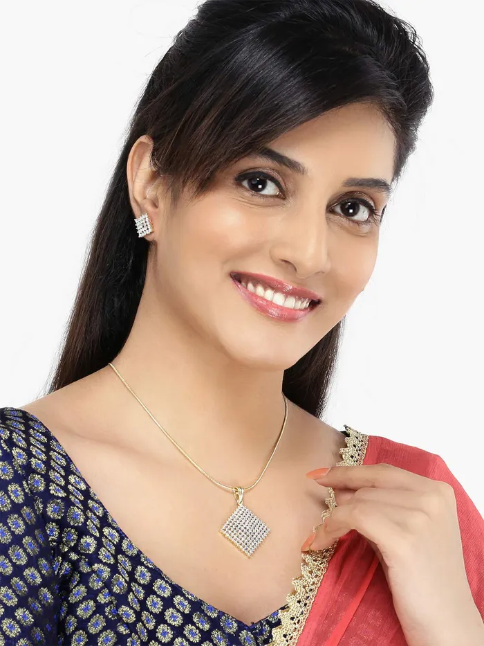 Yellow Chimes Yellow Chimes Elegant White ADAmerican Diamond Studded Gold Plated Designer Square Charm Pendant Set with Earrings for Women Girls Earrings