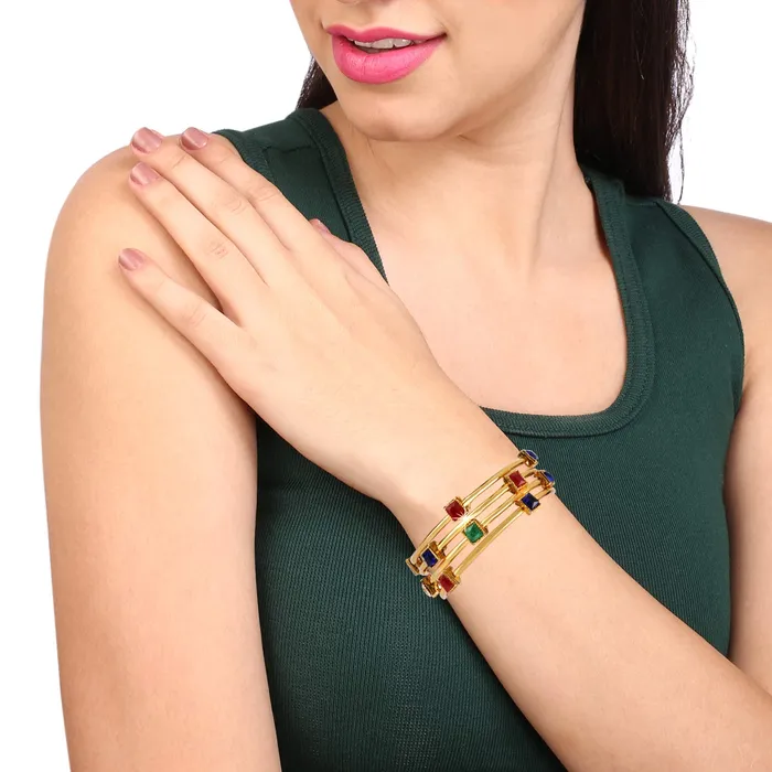Yellow Chimes Yellow Chimes Exclusive Handcrafted Designer Studded Stone Work Gold Plated 4Pc Gold Plated Traditional Bangles Set for Women and Girls 24 Earrings