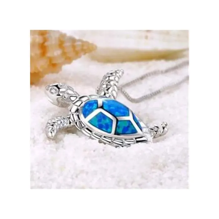 Yellow Chimes Yellow Chimes Exquisite Lovely Good Luck Turtle Blue Opal Charm Tortoise Silver Plated Pandant Necklace for Women and Girls Necklaces