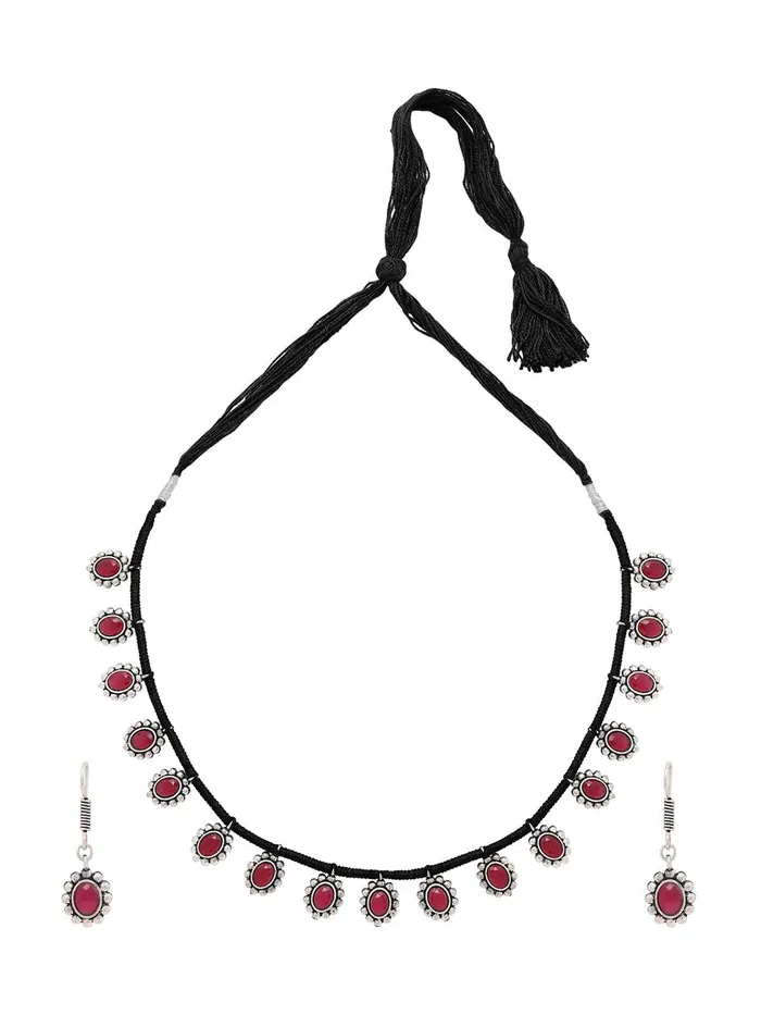 Yellow Chimes Yellow Chimes German Silver Oxidised Handmade Dori Work Thread Charm Tribal Look Choker Necklace Set Jewellery Set for Women Oxidised Silverblack YCTJNS36OXDTHRFBKALT Earrings