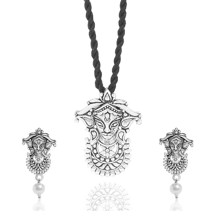 Yellow Chimes Yellow Chimes German Silver Oxidized Handmade Dori Thread Worked Durga Ma Charm Pendant Necklace Set for Women and Girls Necklaces Yellow Chimes Yellow Chimes German Silver Oxidized Handmade Dori Thread Worked Durga Ma Charm Pendant Necklace Set for Women and Girls Necklaces