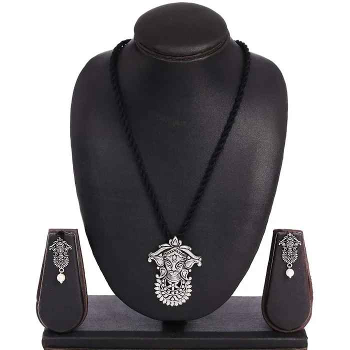 Yellow Chimes Yellow Chimes German Silver Oxidized Handmade Dori Thread Worked Durga Ma Charm Pendant Necklace Set for Women and Girls Necklaces