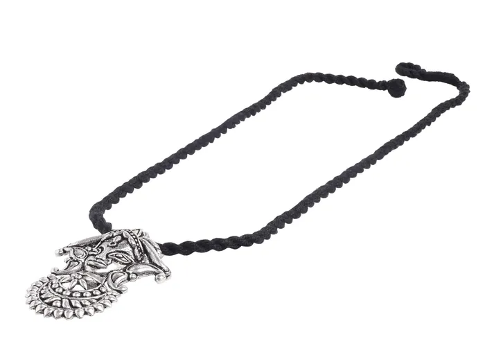 Yellow Chimes Yellow Chimes German Silver Oxidized Handmade Dori Thread Worked Durga Ma Charm Pendant Necklace Set for Women and Girls Necklaces