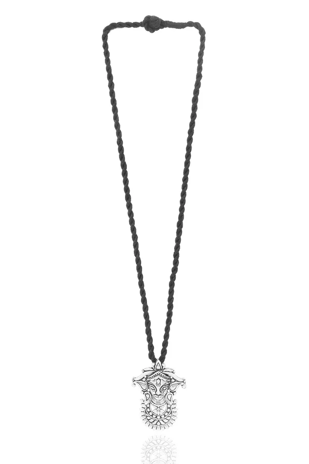 Yellow Chimes Yellow Chimes German Silver Oxidized Handmade Dori Thread Worked Durga Ma Charm Pendant Necklace Set for Women and Girls Necklaces