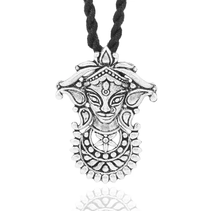 Yellow Chimes Yellow Chimes German Silver Oxidized Handmade Dori Thread Worked Durga Ma Charm Pendant Necklace Set for Women and Girls Necklaces