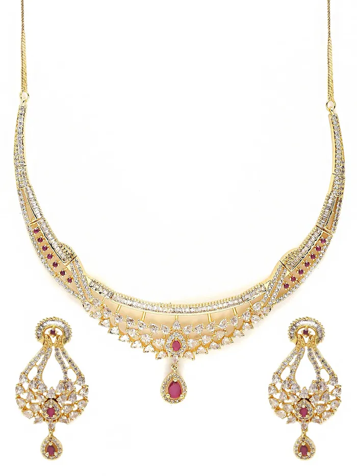 Yellow Chimes Yellow Chimes Jewellery Set for Women and Girls American Diamond Jewellery Set Gold Plated Authentic AD Necklace Set for Women Birthday Gift for girls and women Anniversary Gift for Wife Earrings