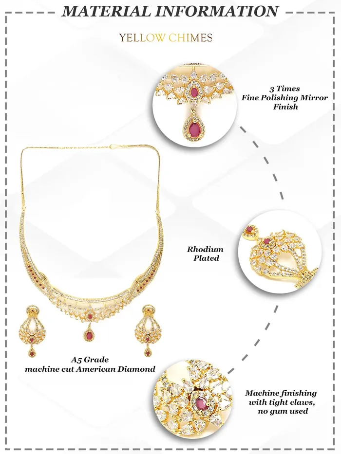 Yellow Chimes Yellow Chimes Jewellery Set for Women and Girls American Diamond Jewellery Set Gold Plated Authentic AD Necklace Set for Women Birthday Gift for girls and women Anniversary Gift for Wife Earrings