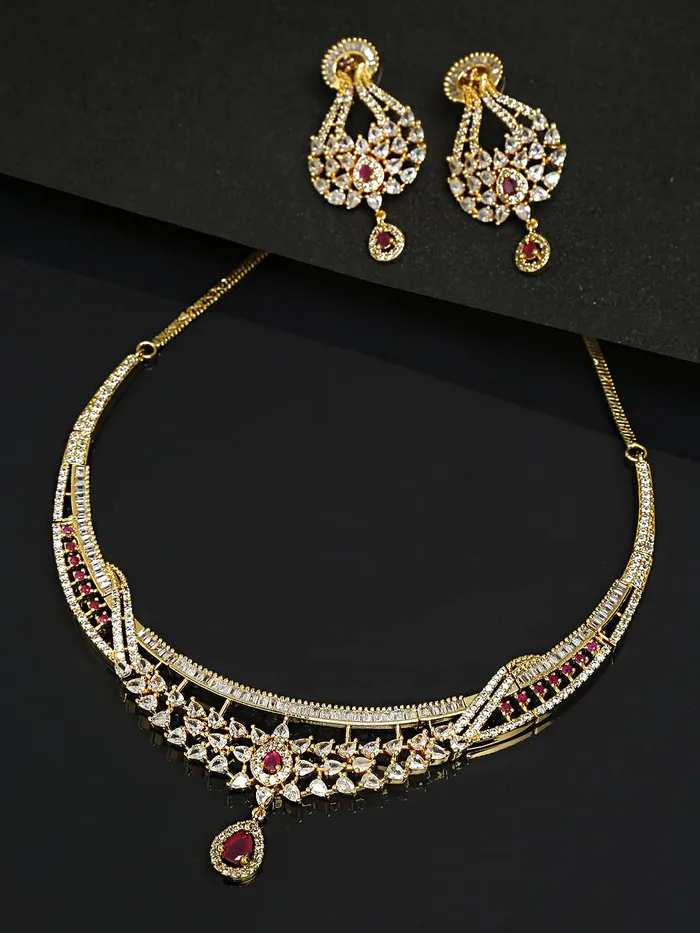 Yellow Chimes Yellow Chimes Jewellery Set for Women and Girls American Diamond Jewellery Set Gold Plated Authentic AD Necklace Set for Women Birthday Gift for girls and women Anniversary Gift for Wife Earrings